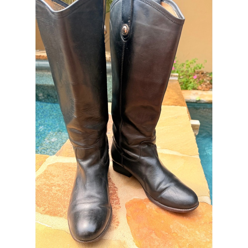 Frye Melissa Button Riding Boots Black Leather Tall Pull On Women's 9B